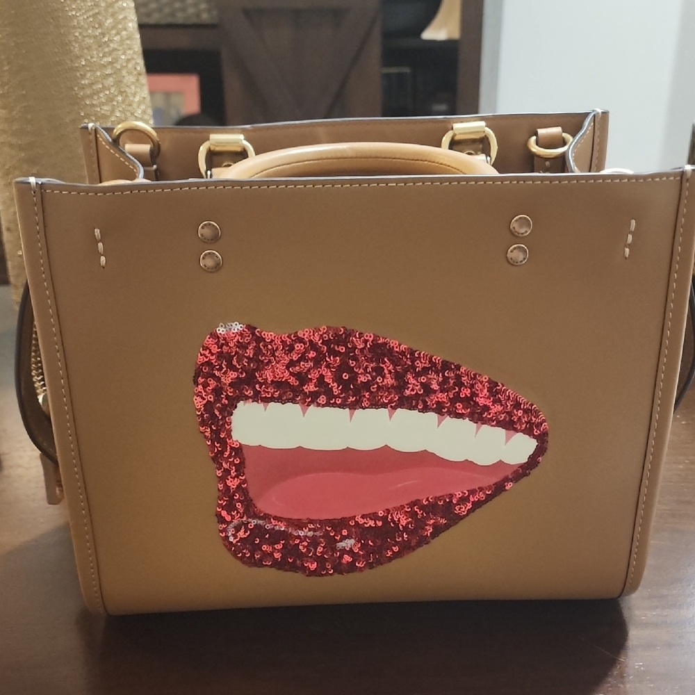Coach Tan Satchel with Red Sequin Lip Design